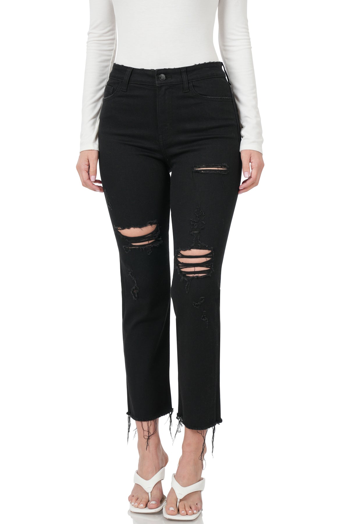 High Rise Distressed Cropped Jeans - Black