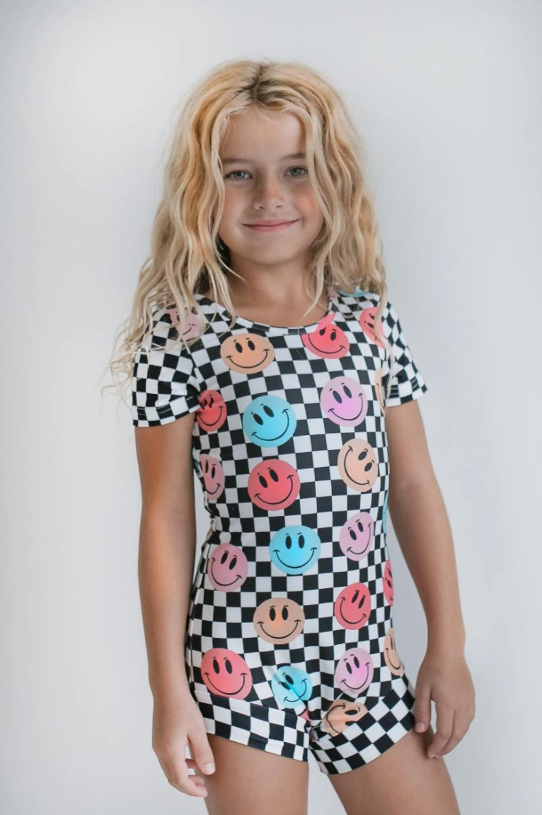 Kids Retro Smiley Face Checkered Dance Gymnastics Leotard