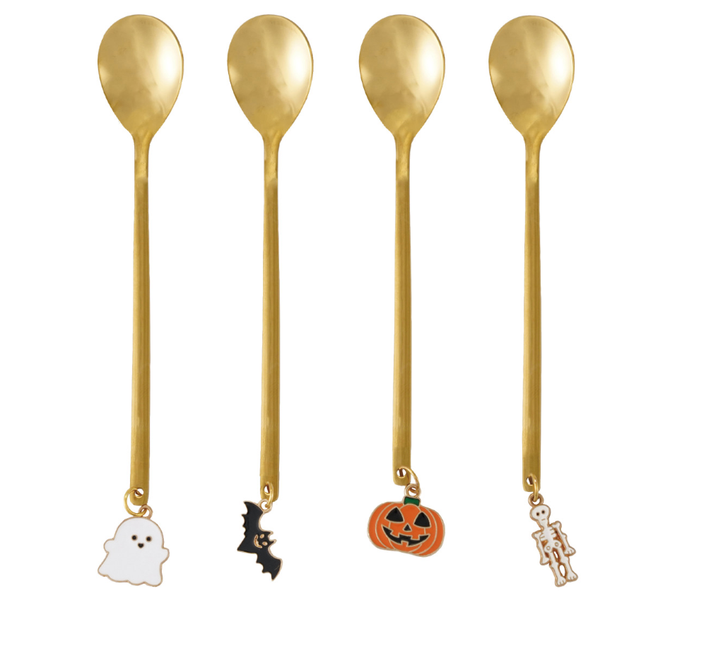 Stainless Steel Spoon with Enameled Halloween Charm, Brass Finish, 4 Styles