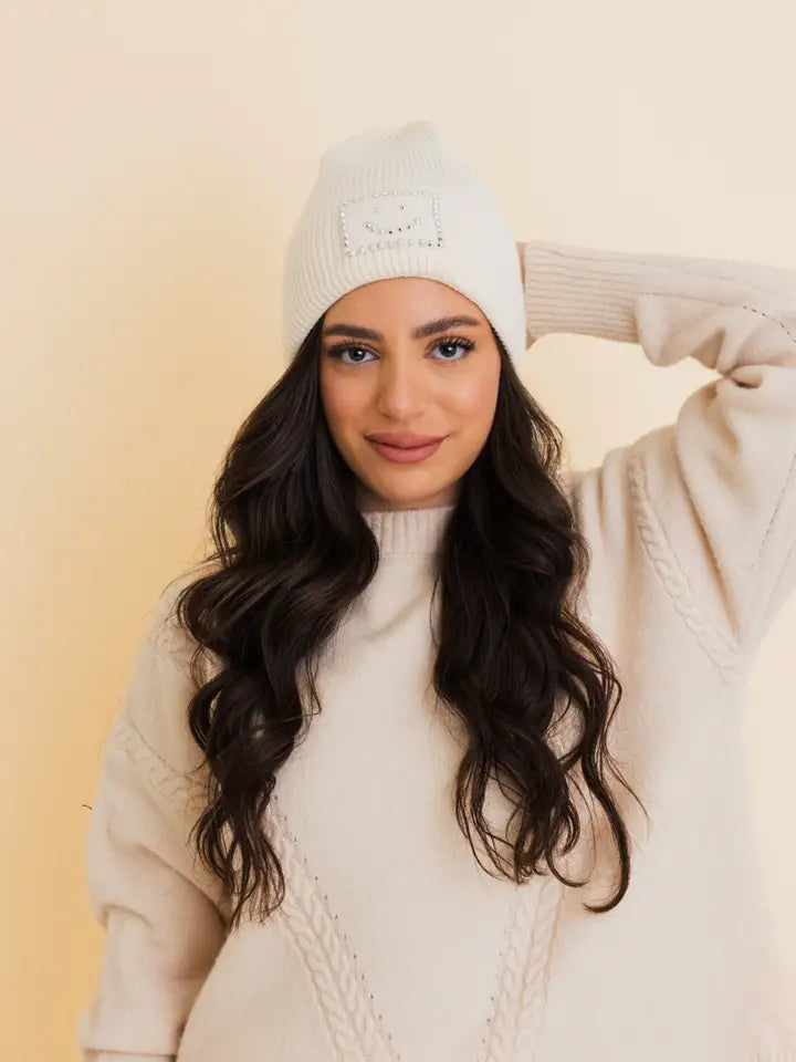 Smiley Face Beanie-White