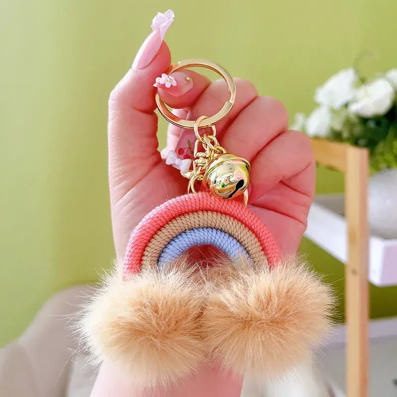 Rainbow Keychain with Fuzzy Balls