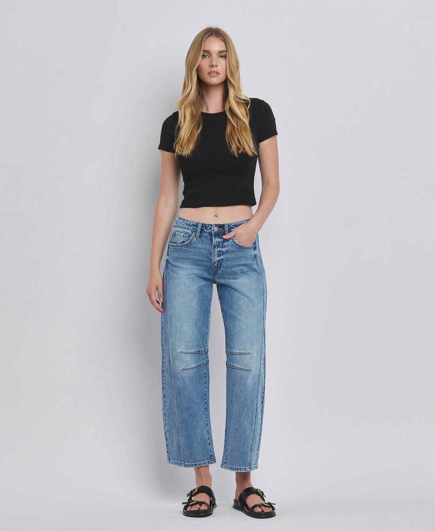 VERVET HIGH RISE DART STRUCTURED FIT BARREL LEG JEANS