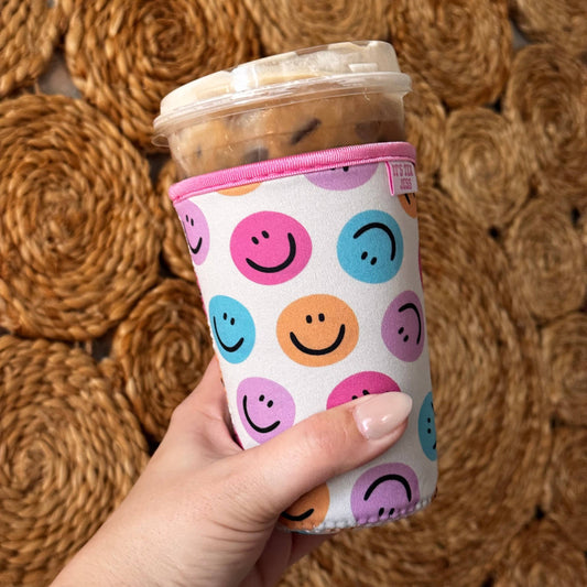 Iced Coffee Sleeve - Colorful Happy Faces