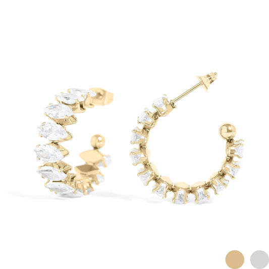 Stainless Steel Marquis CZ Stone Hoop Earrings