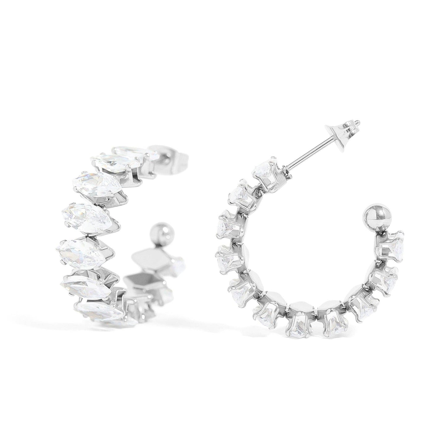 Stainless Steel Marquis CZ Stone Hoop Earrings