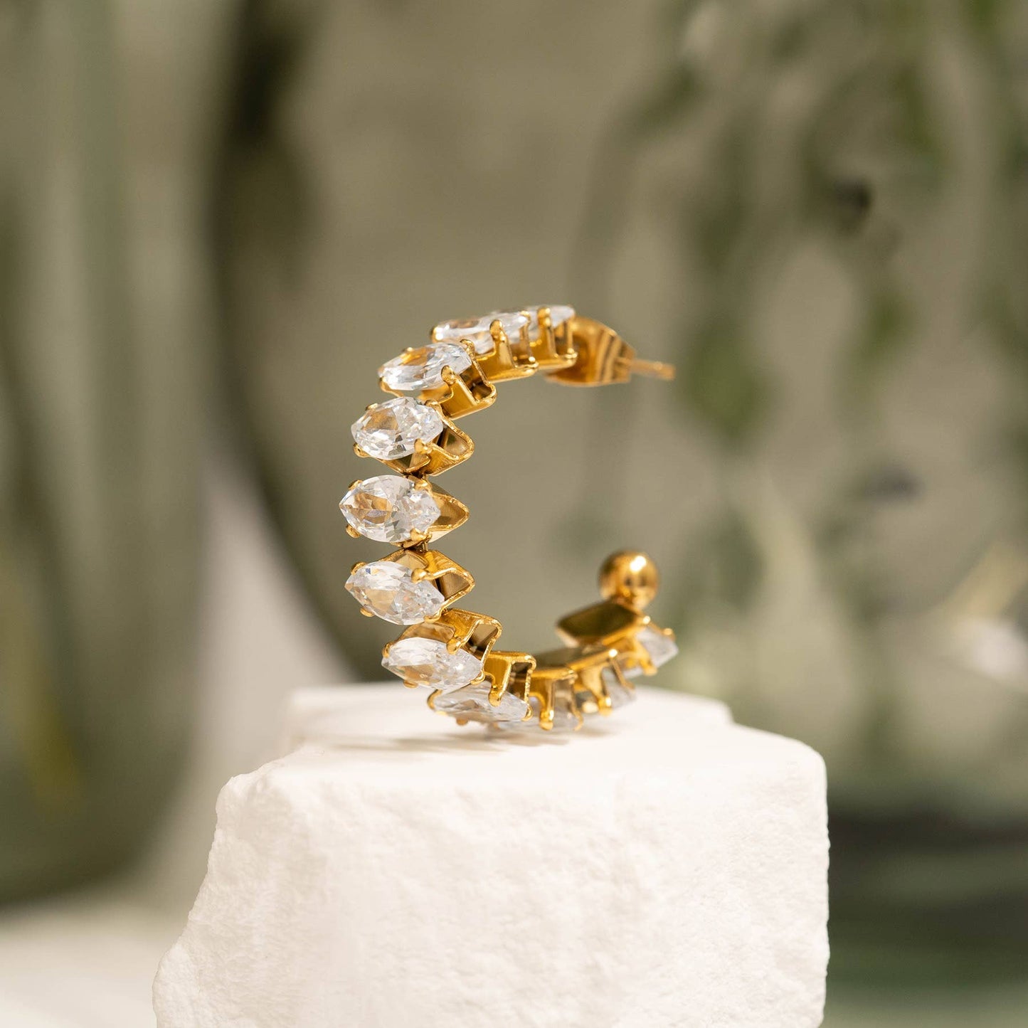 Stainless Steel Marquis CZ Stone Hoop Earrings