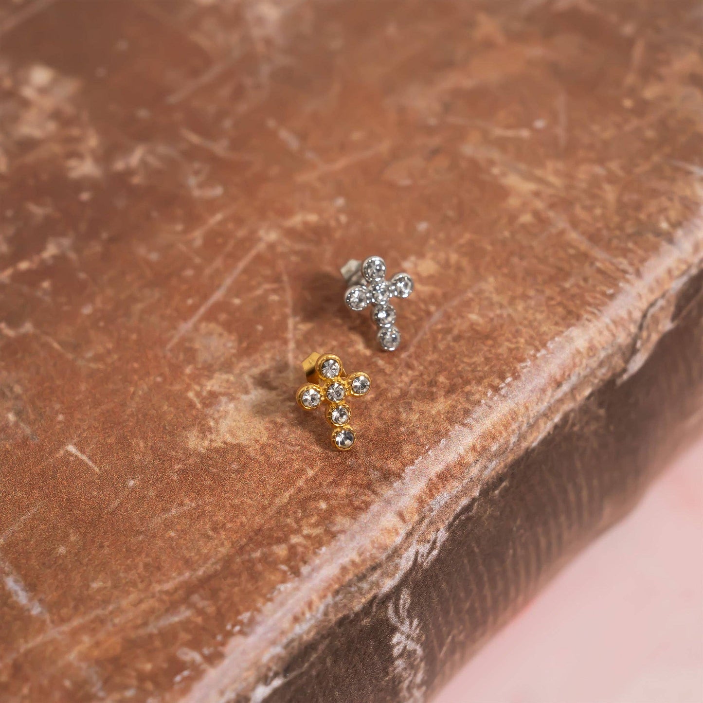 Stainless Steel Round Stone Cross Earrings