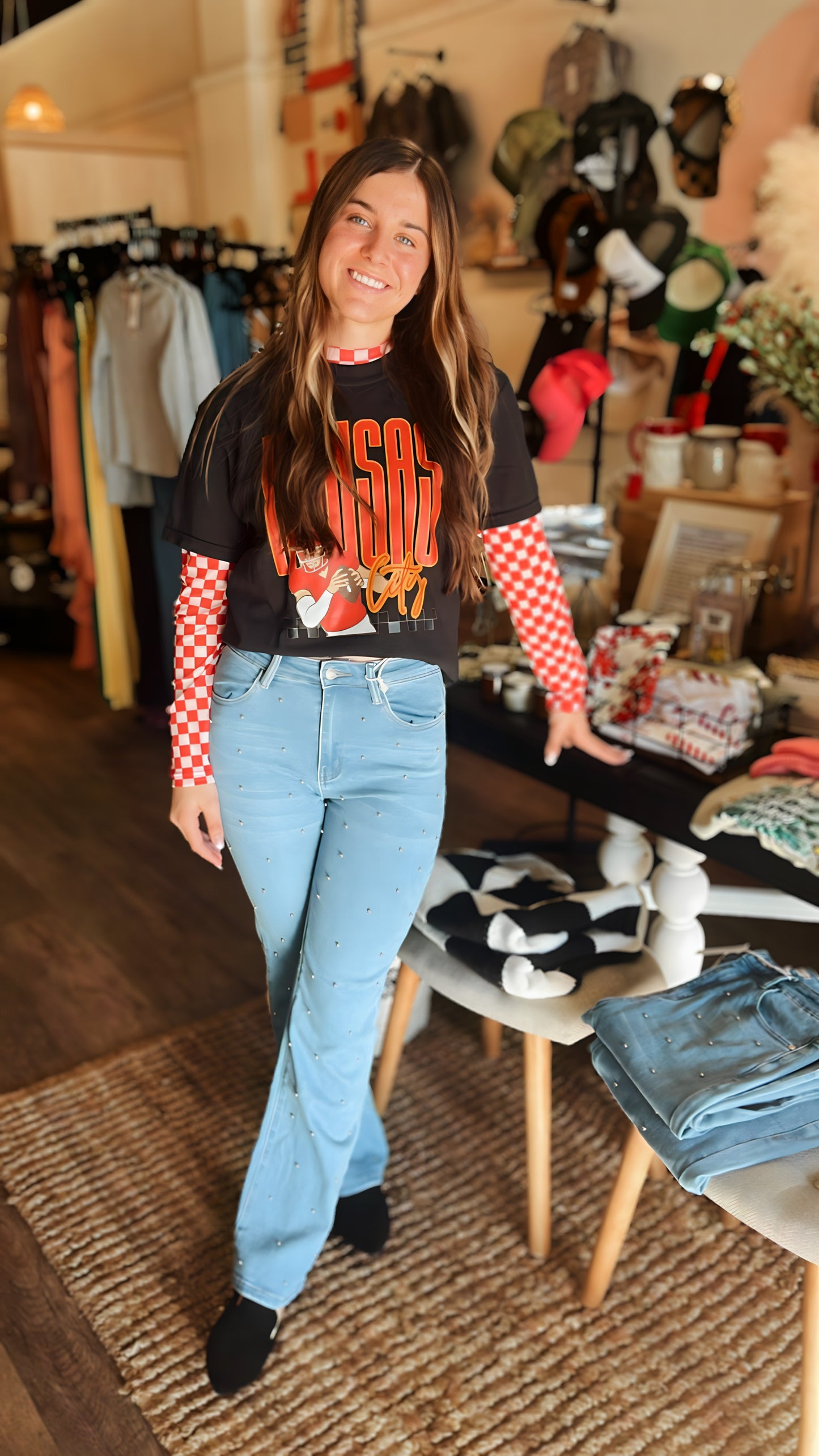 Checkered Sheer Top Red & White