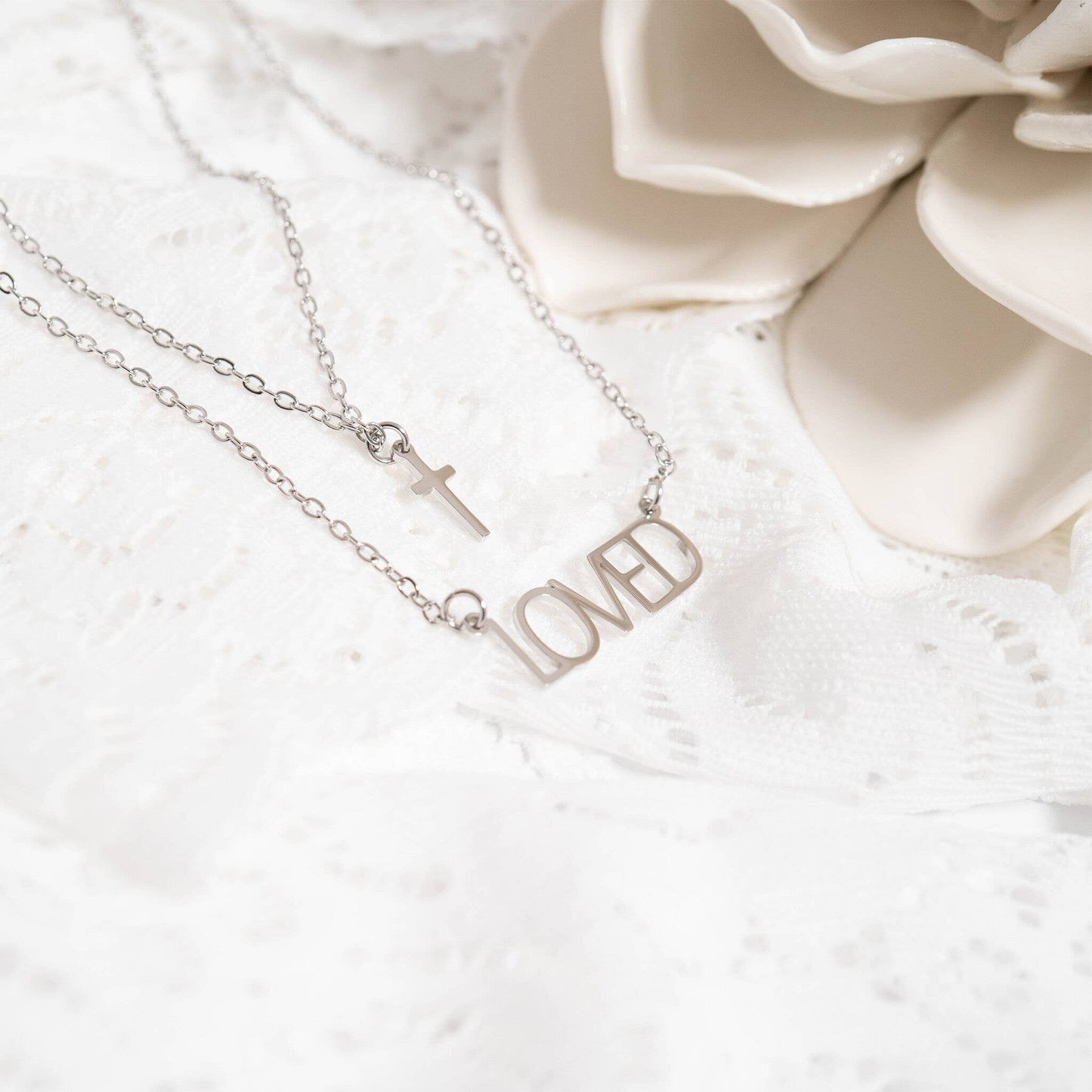 Stainless Steel "Loved" Layered Cross Necklace