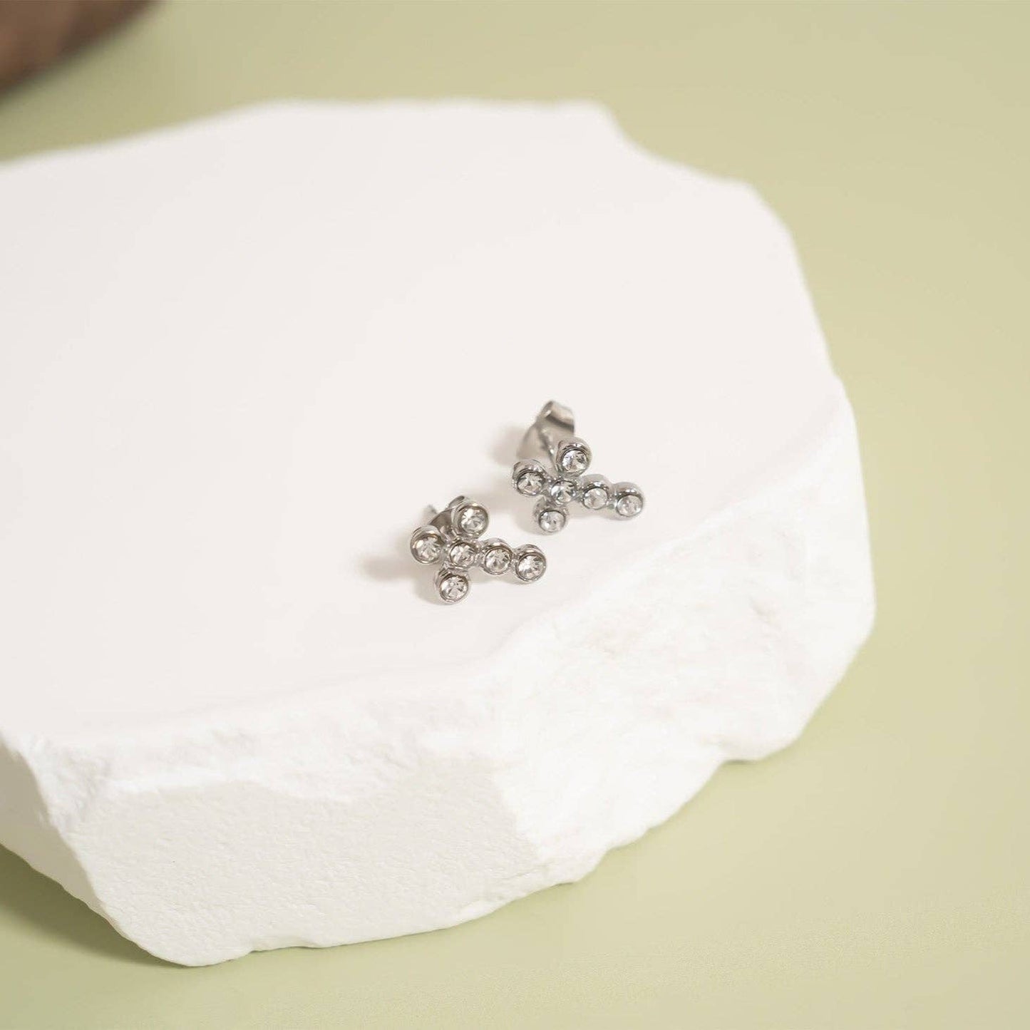 Stainless Steel Round Stone Cross Earrings