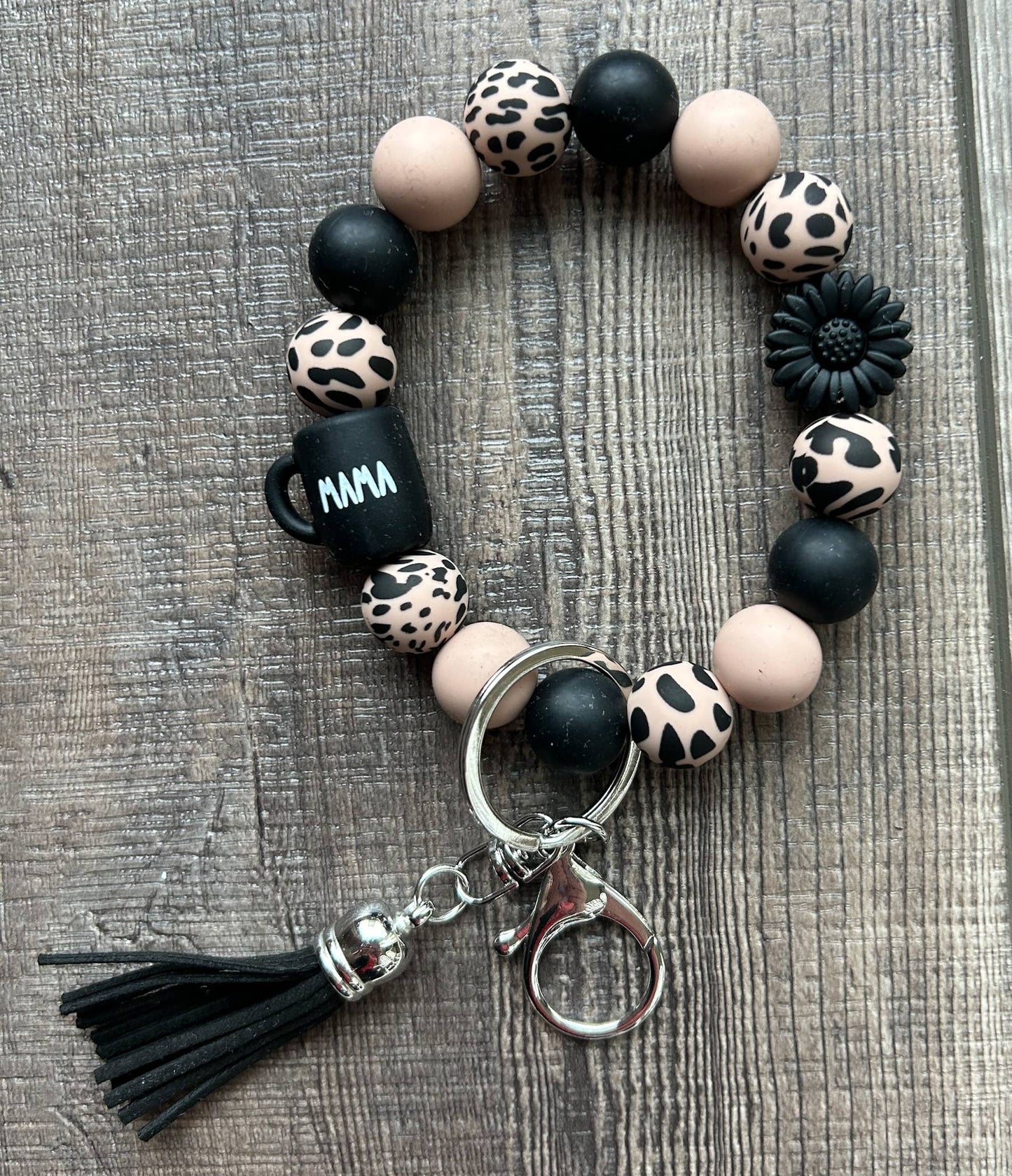 Mama Coffee Mug Black Daisy Leopard Wristlet Keychain