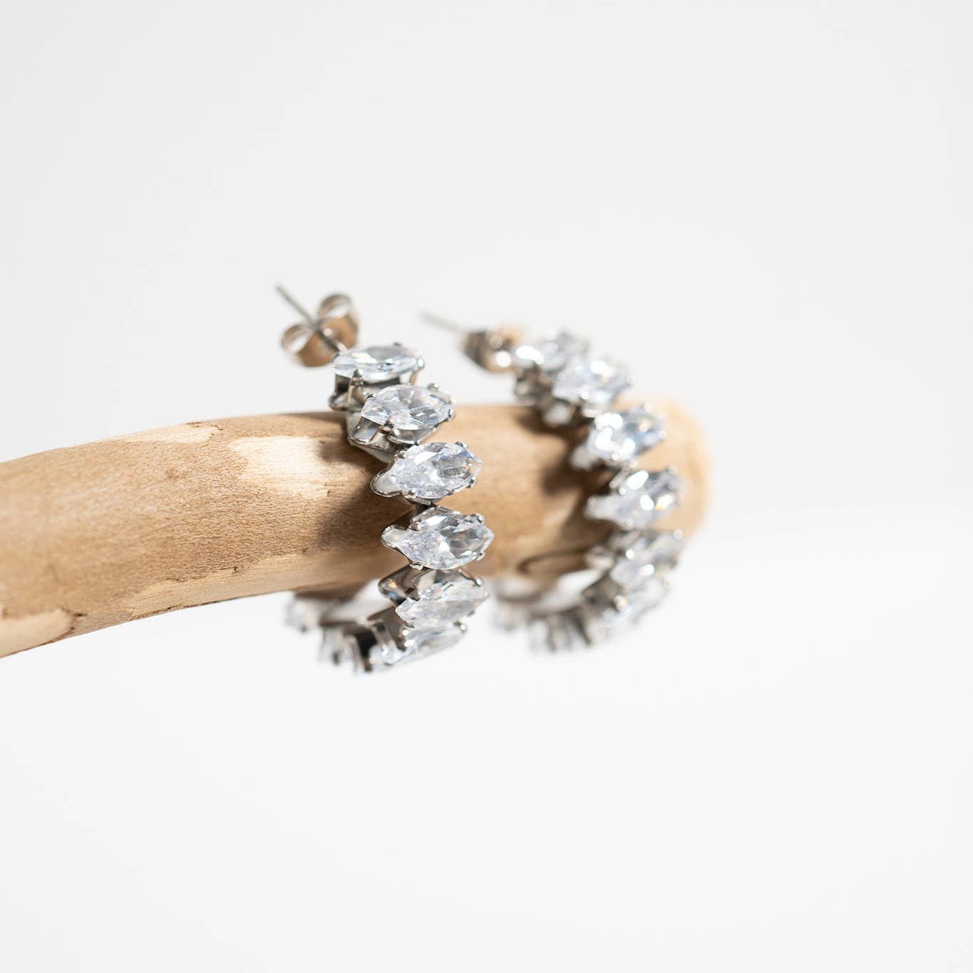 Stainless Steel Marquis CZ Stone Hoop Earrings
