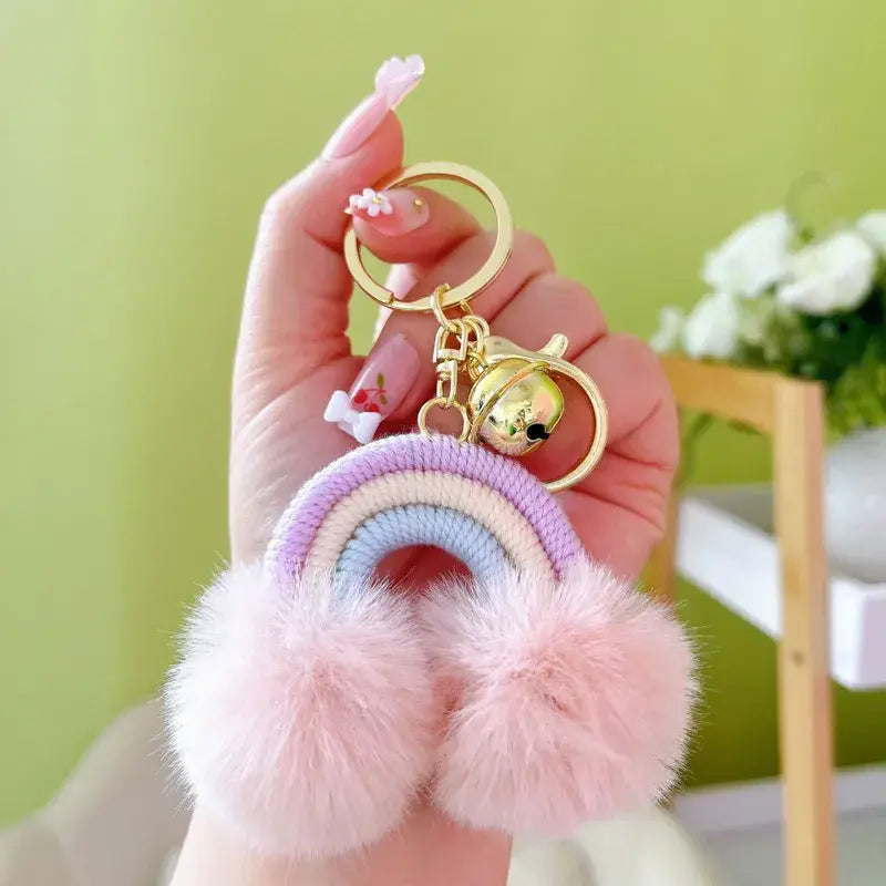 Rainbow Keychain with Fuzzy Balls