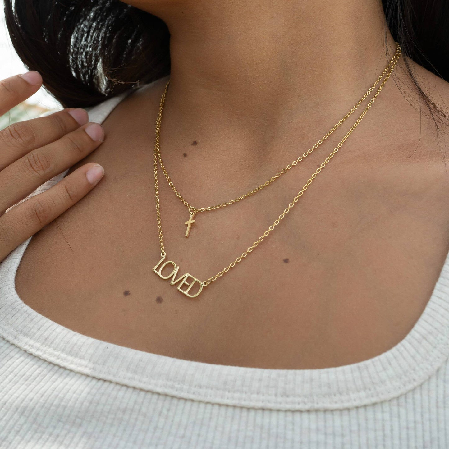 Stainless Steel "Loved" Layered Cross Necklace