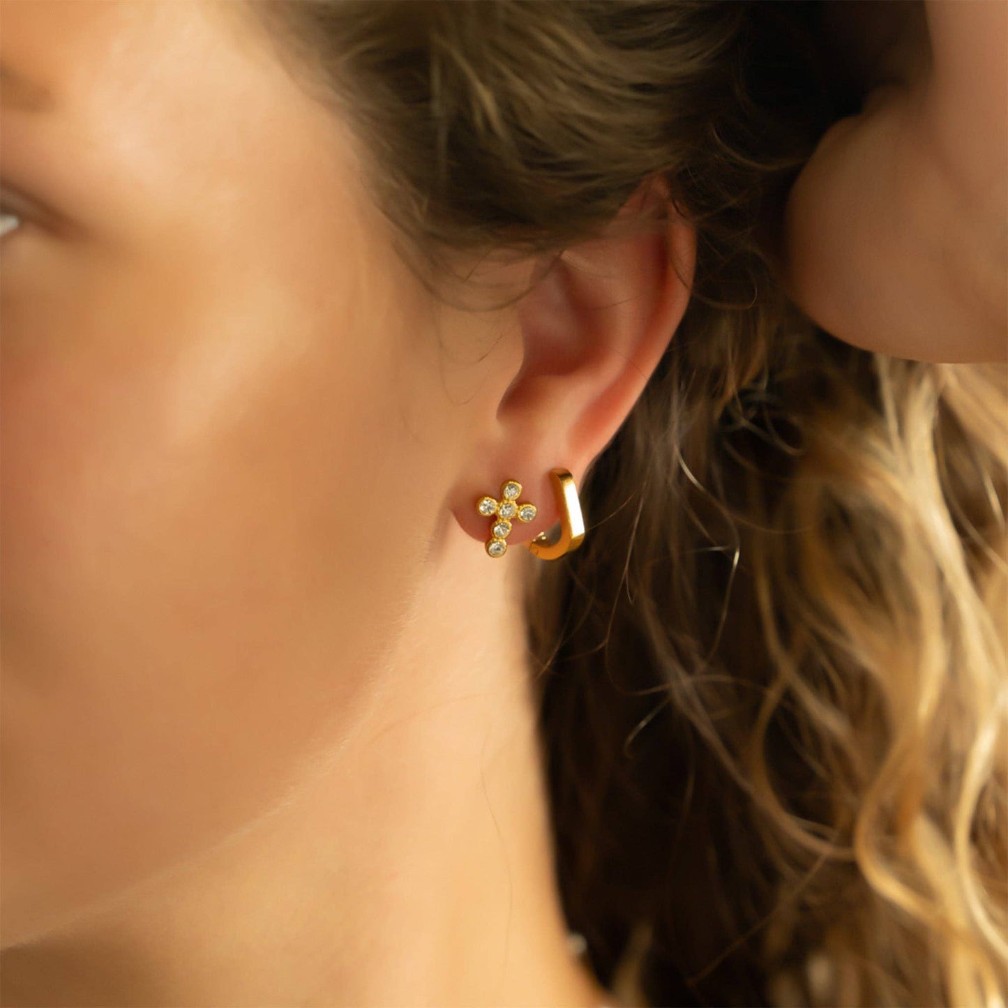 Stainless Steel Round Stone Cross Earrings