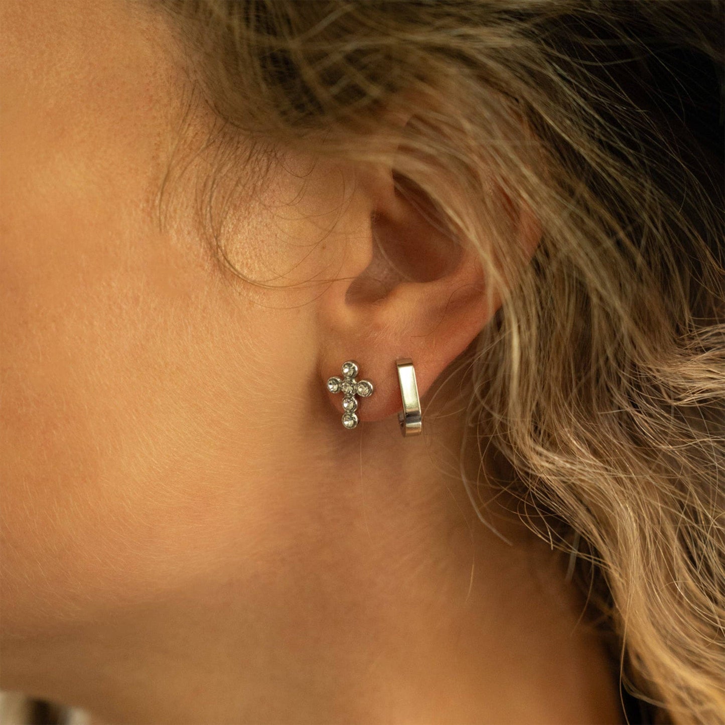 Stainless Steel Round Stone Cross Earrings