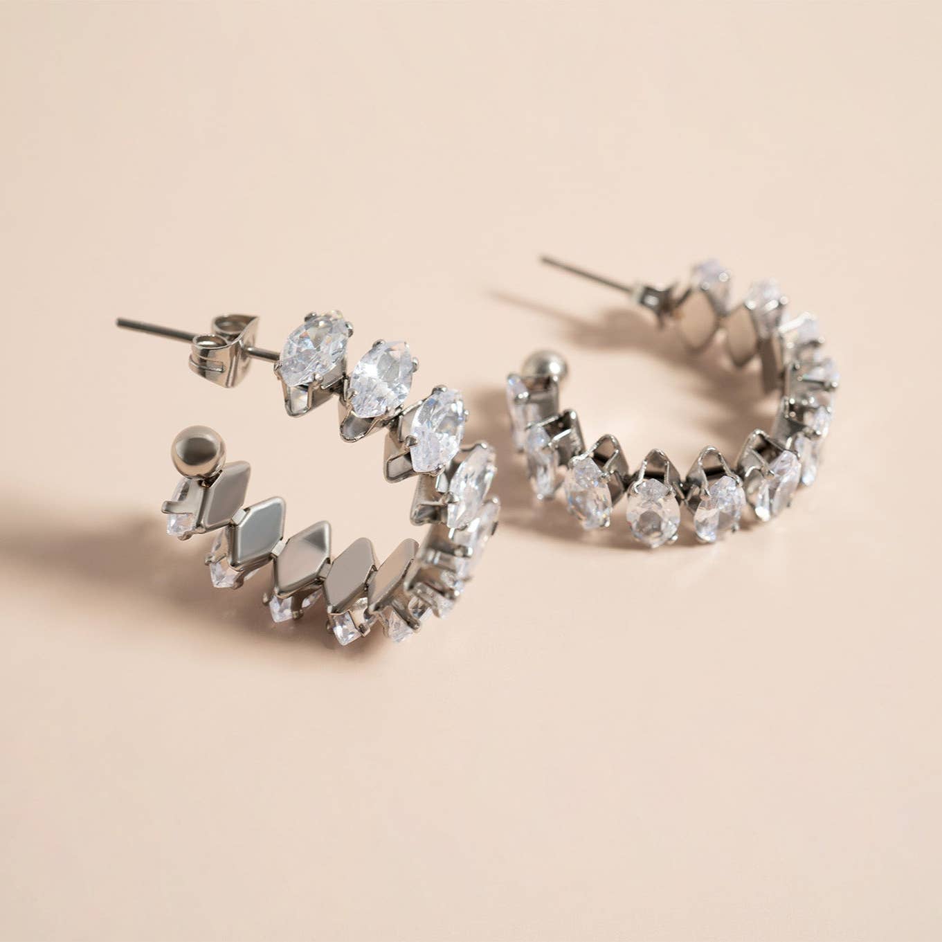 Stainless Steel Marquis CZ Stone Hoop Earrings