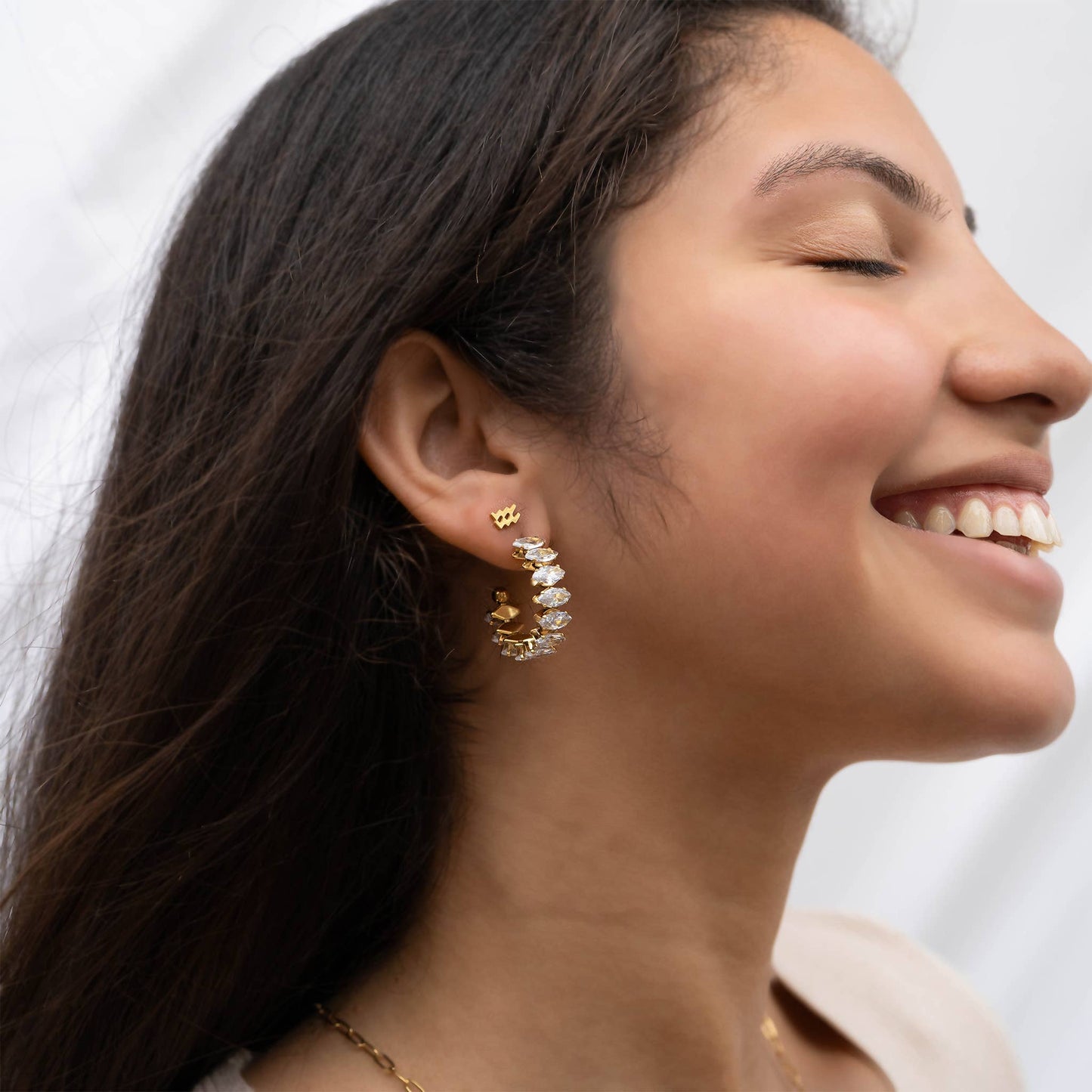 Stainless Steel Marquis CZ Stone Hoop Earrings