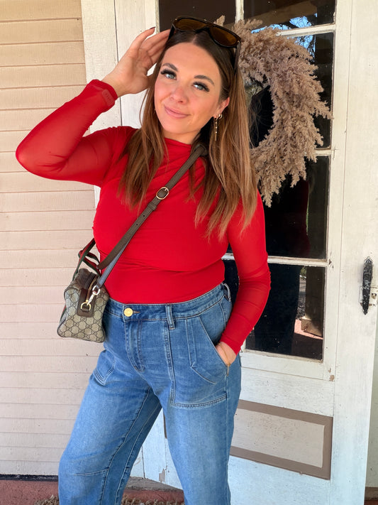 Power in Red Mesh Bodysuit