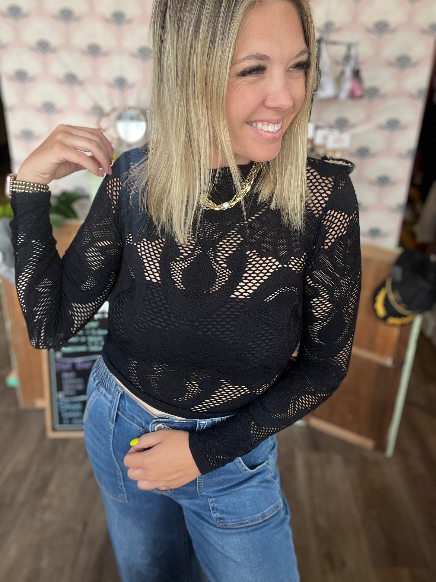 Mercy Knit Seamless Jacquard Mock Neck Long Sleeve Top