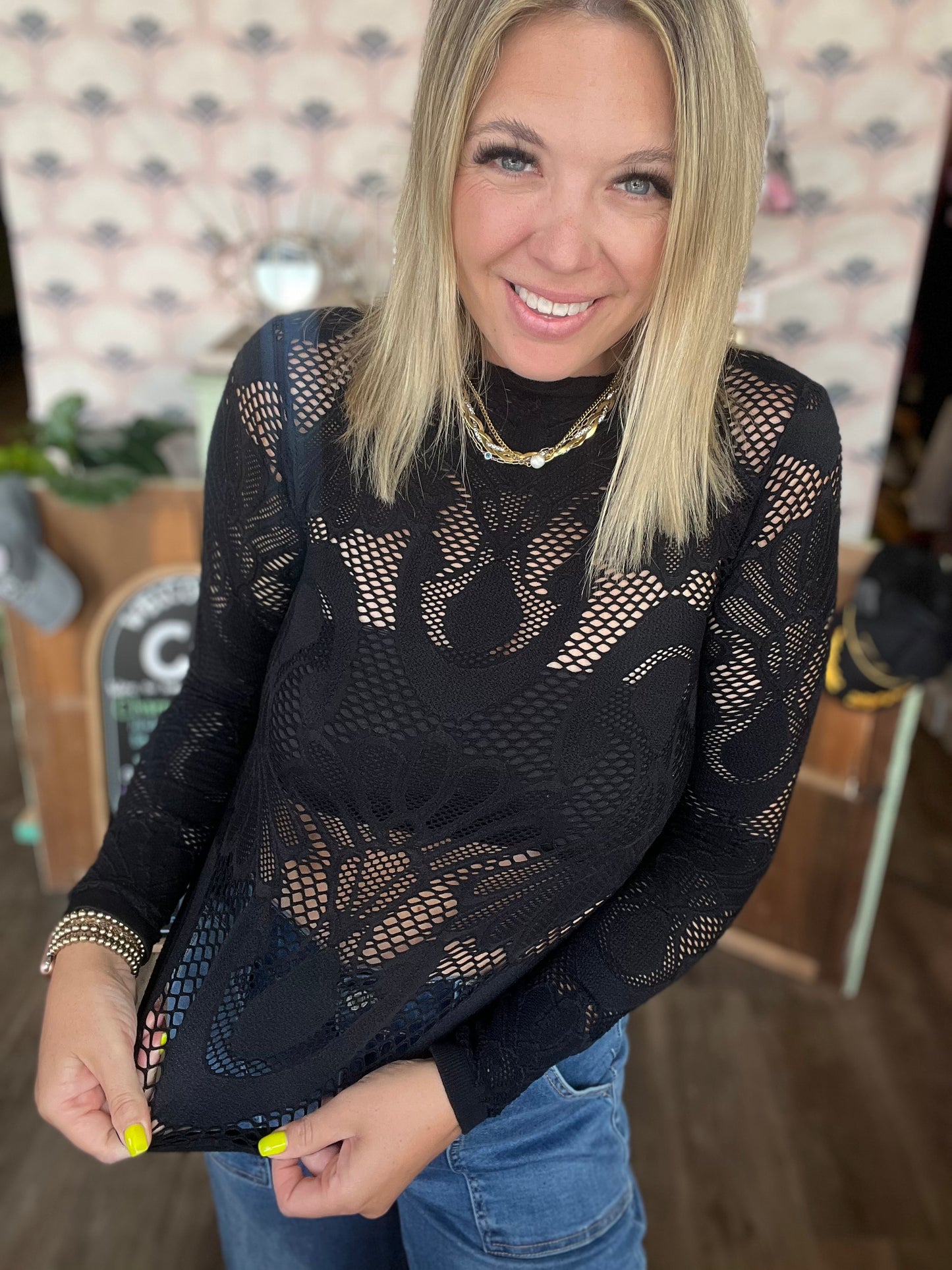 Mercy Knit Seamless Jacquard Mock Neck Long Sleeve Top