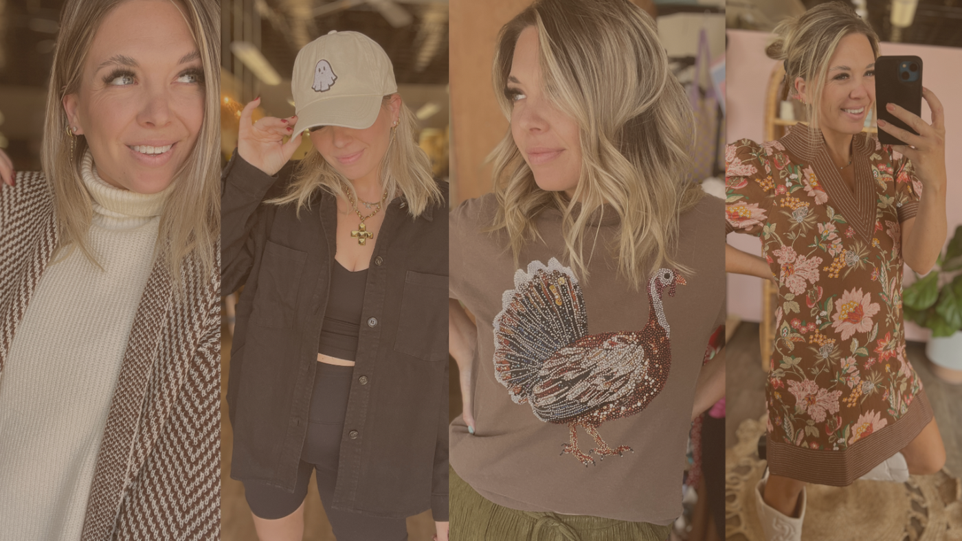 Collage of a woman in various outfits with different accessories and hairstyles.