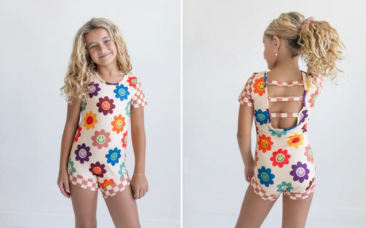 Kids Rainbow Retro Smiley Face Checkered Dance Gym Leotard