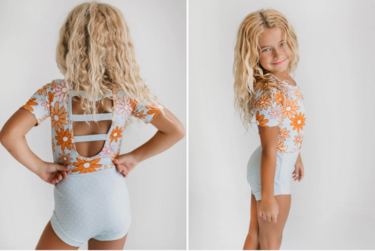 Kids Blue Gray Retro Flower Dance Tumble Gymnastics Leotard