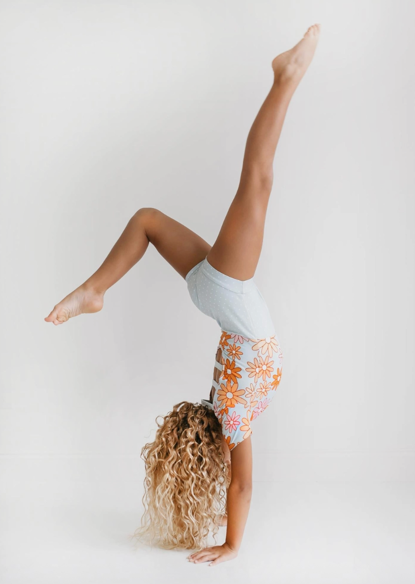 Kids Blue Gray Retro Flower Dance Tumble Gymnastics Leotard