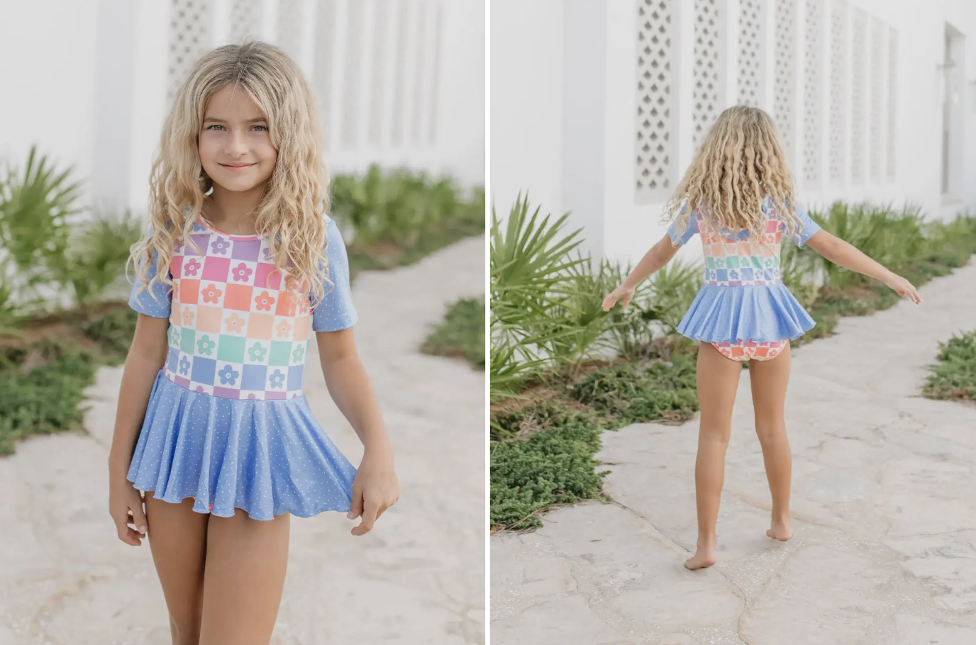 Kids Rainbow Flower Check Skirted Dance Gymnastics Leotard