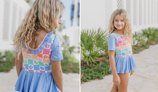 Kids Rainbow Flower Check Skirted Dance Gymnastics Leotard