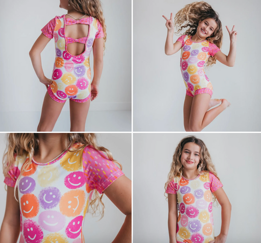 Kids Bright Smiley Bow Shortie Dance Tumble Leotard