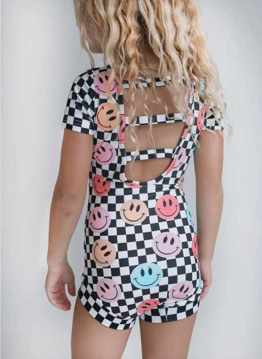 Kids Retro Smiley Face Checkered Dance Gymnastics Leotard