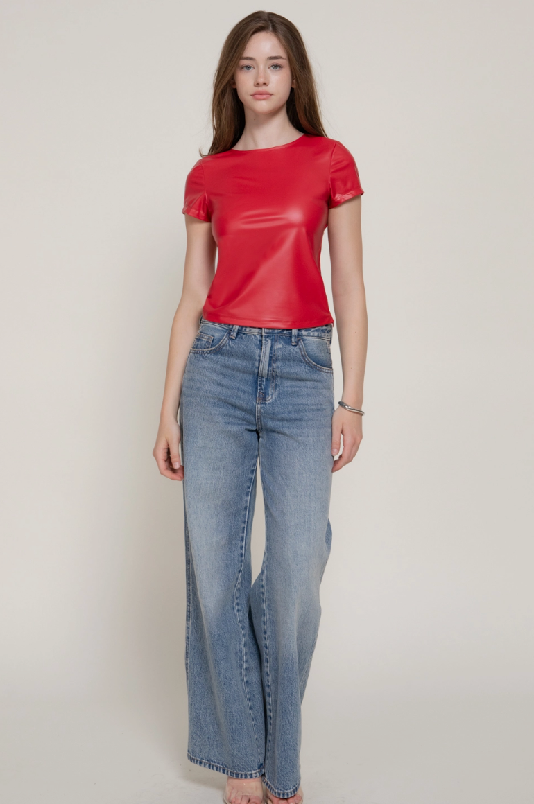 Red Heart Faux Leather Top