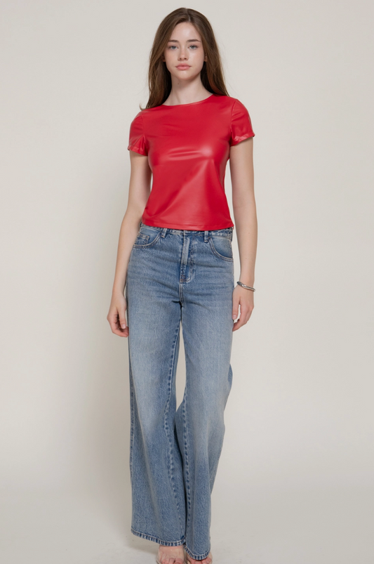 Red Heart Faux Leather Top