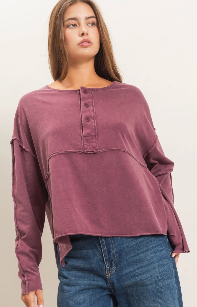 Mulled Wine Oversized Henley Top with Raw Edges