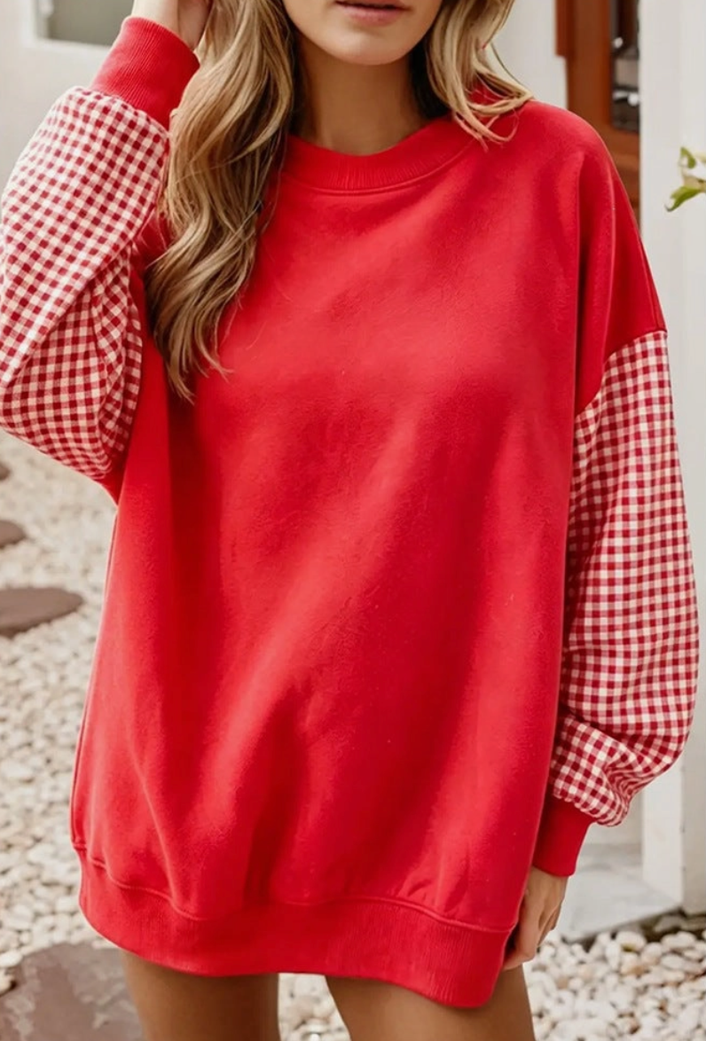 Red & Gingham Oversized Sweatshirt