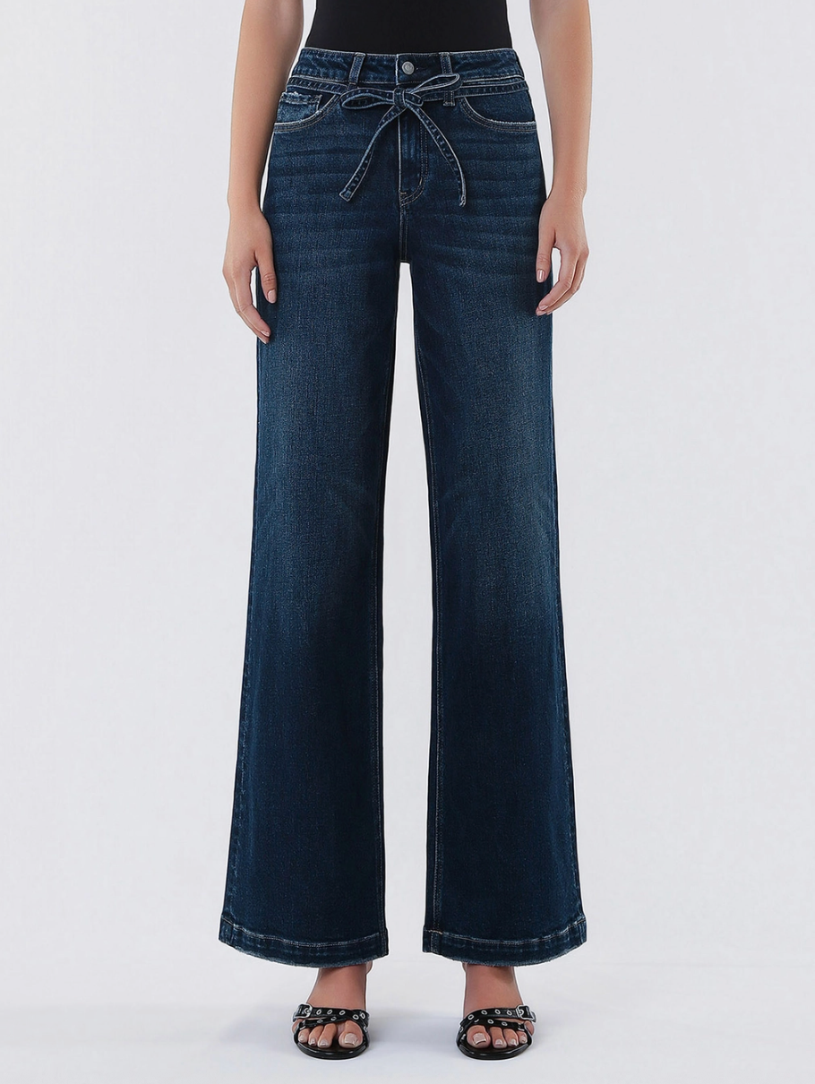 High Rise Dark Wash Waist Tie Wide Jean