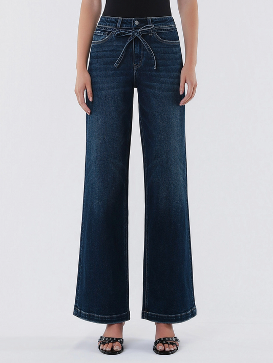 High Rise Dark Wash Waist Tie Wide Jean