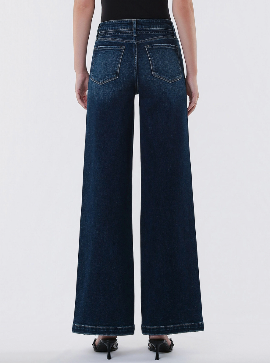 High Rise Dark Wash Waist Tie Wide Jean