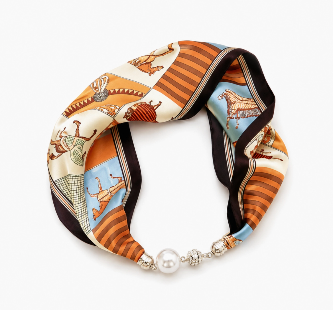 Satin Twilly Scarf Necklace with Jeweled Magnetic Clasp
