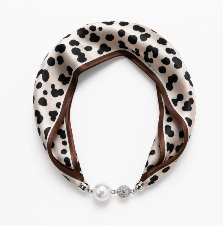 Satin Twilly Scarf Necklace with Jeweled Magnetic Clasp