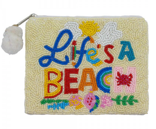 Seed Beaded Canvas Bag With Pom Pom Zipper (Multiple Styles)