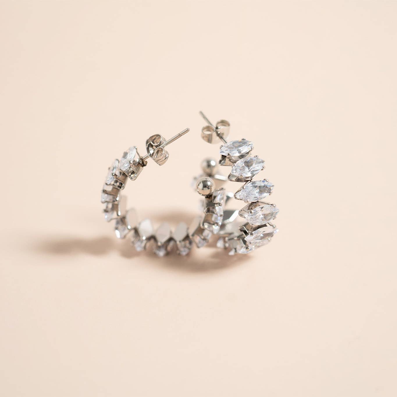 Stainless Steel Marquis CZ Stone Hoop Earrings