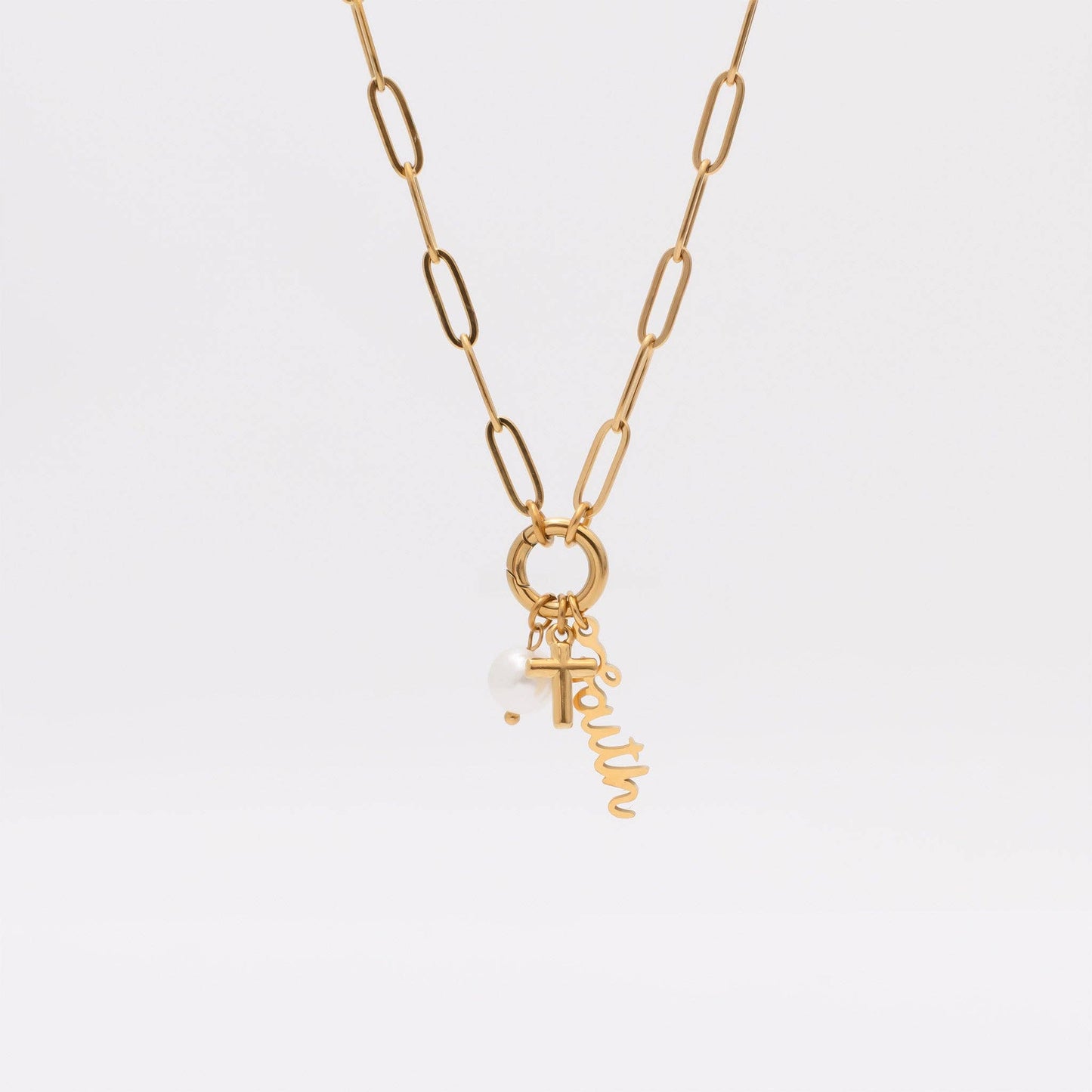Gold Stainless Steel Faith Charm Holder Necklace Gift Set