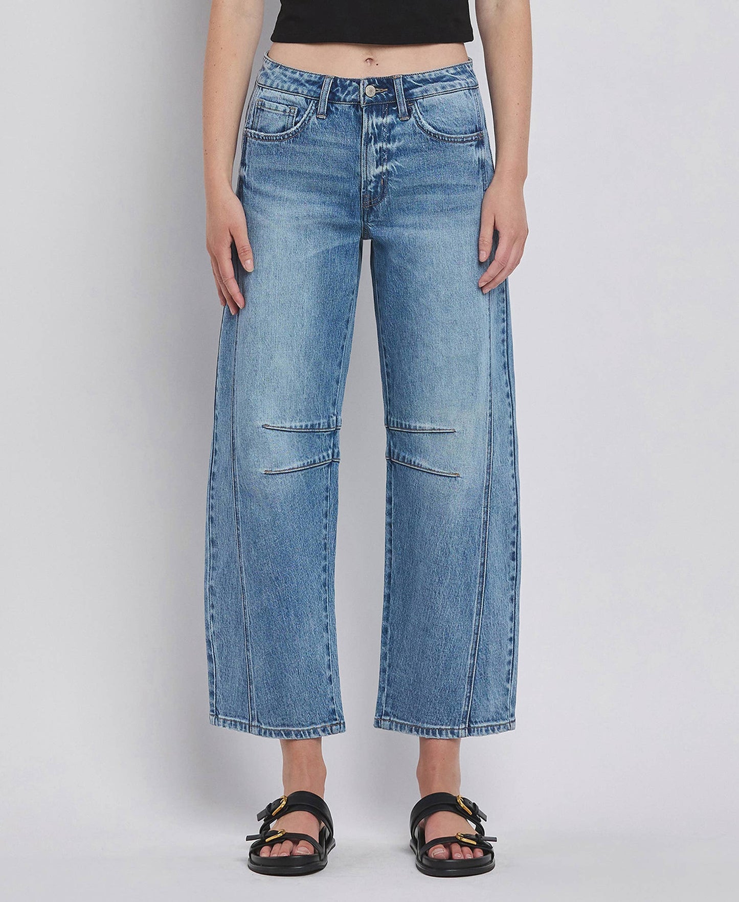 VERVET HIGH RISE DART STRUCTURED FIT BARREL LEG JEANS