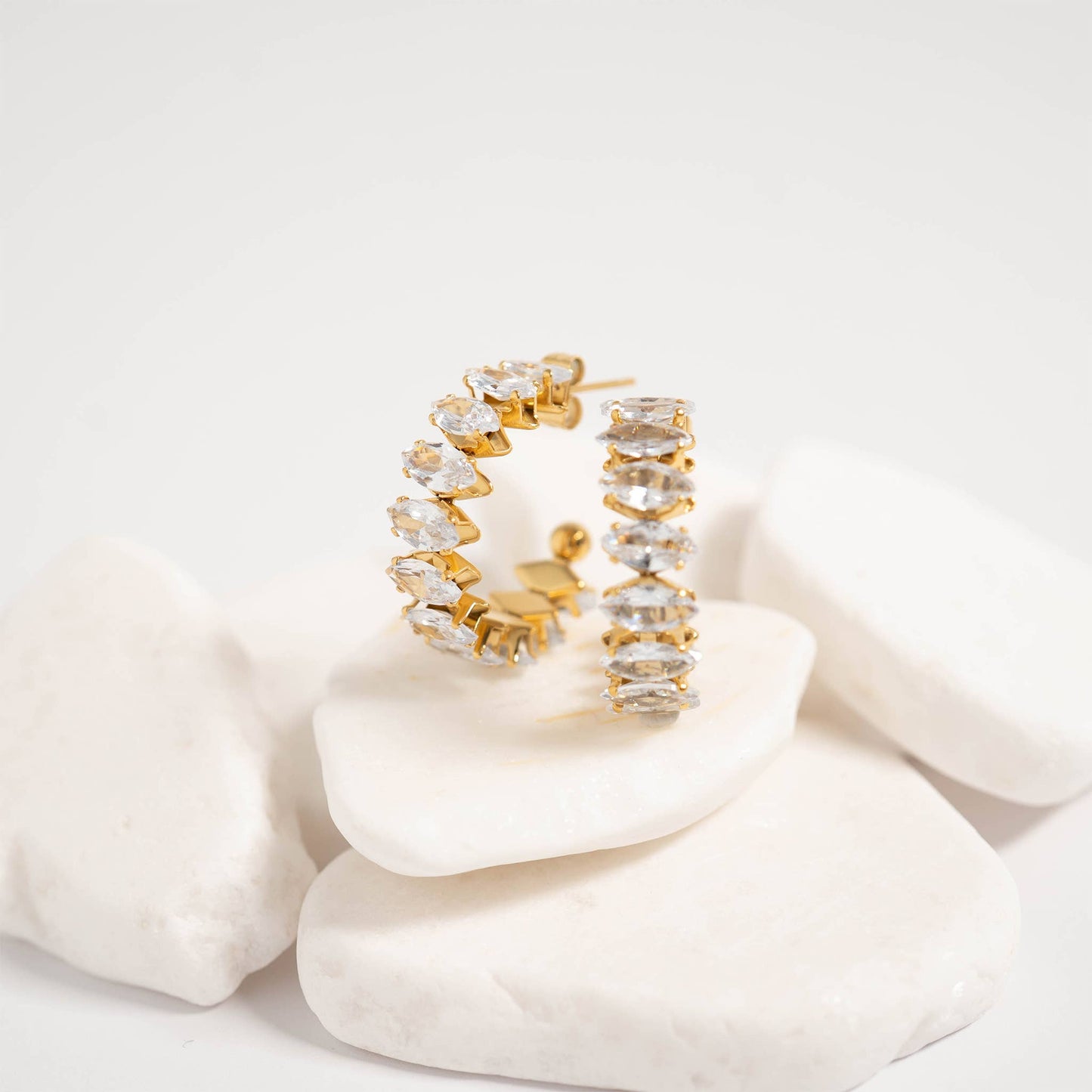Stainless Steel Marquis CZ Stone Hoop Earrings