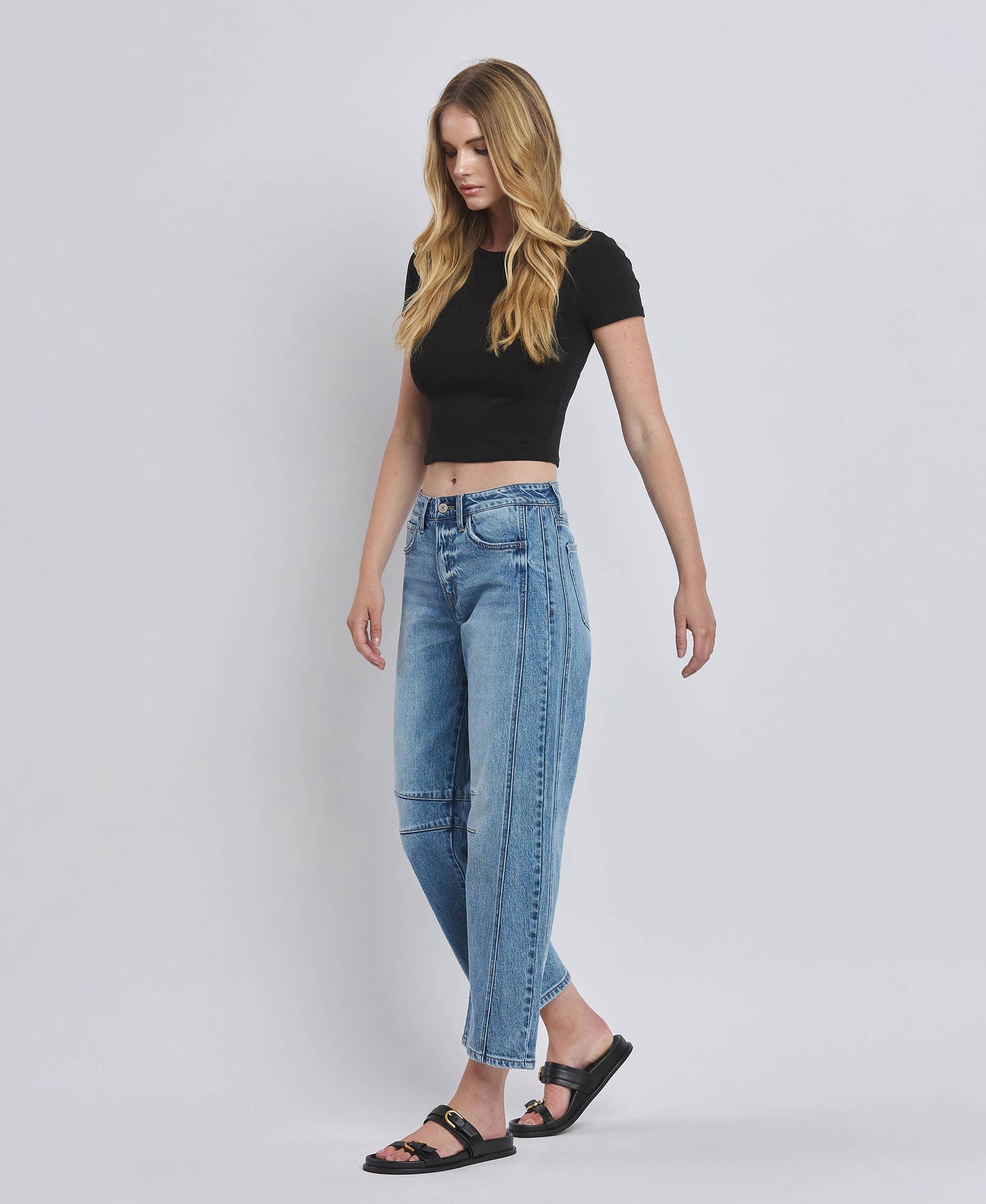 VERVET HIGH RISE DART STRUCTURED FIT BARREL LEG JEANS