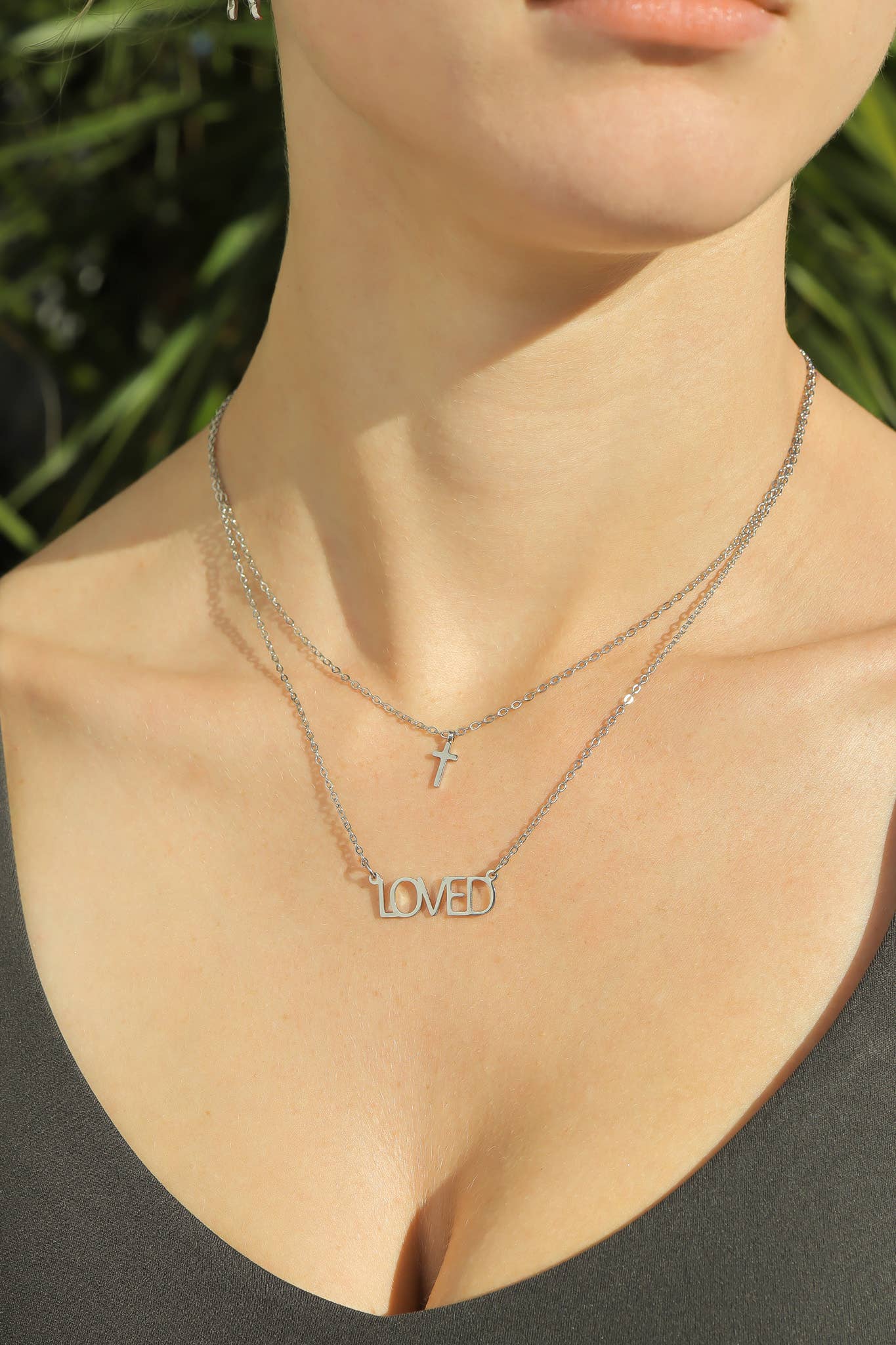 Stainless Steel "Loved" Layered Cross Necklace