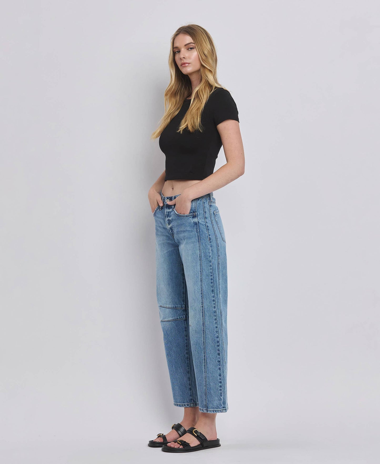 VERVET HIGH RISE DART STRUCTURED FIT BARREL LEG JEANS